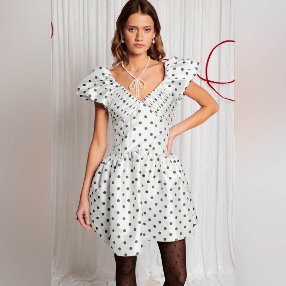 Sister Jane DREAM Raven Spot Mini Dress sz L Polka‎ Dot Puff Sleeve NEW